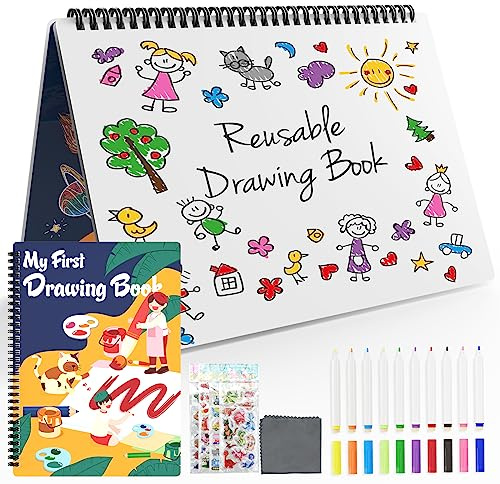 NEWYES Pizarra Blanca para Niños, Libro de Dibujo de Borrado en Seco Reutilizable con 10 Marcadores, 3 4 5 6 7 8 años, Juguetes de Aprendizaje para Niños y Niñas, Libro de Garabatos Borrable