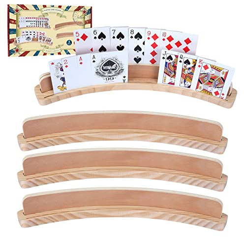 GOTHINK Juego de 4 Soportes para Cartas de Madera Maciza con Diseño Curvo Antideslizante, Ideal para Niños, Adultos y Mayores, Bridge, Canasta y Juegos de Cartas de Estrategia (Dos Ranuras)