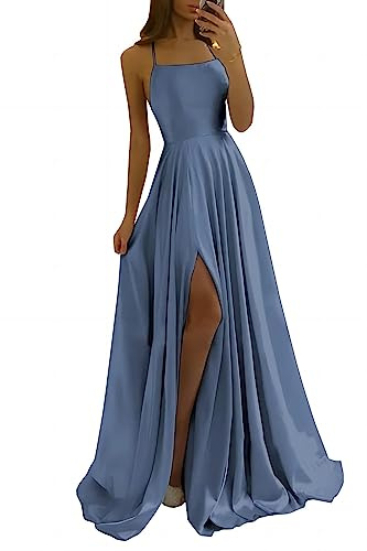 xxxiticat Vestido largo para mujer, elegante, de satén, línea A, vestido de noche, sexy, espagueti, vestido de novia, vestido largo de princesa de dama de honor