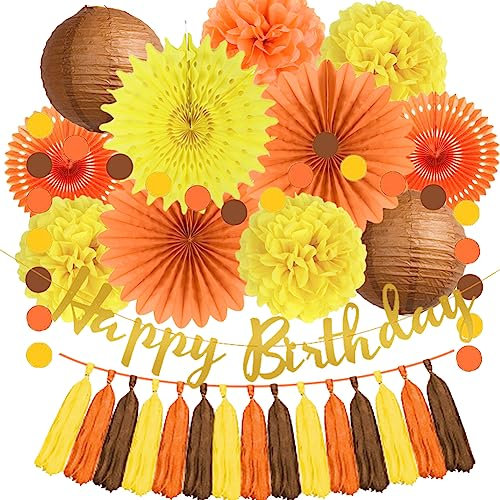 Decorazioni per feste di compleanno autunnali Ventagli di carta giallo arancione pompon di carta lanterne di carta marrone nappa cerchio puntini ghirlanda banner di buon compleanno per autunno