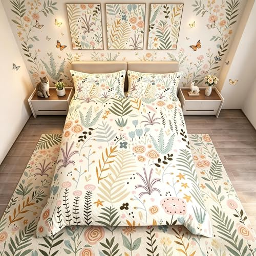 Homemissing Set di biancheria da letto con copripiumino e fiori in stile cartone animato, con fiori e foglie botaniche, leggero, per letto matrimoniale