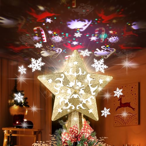Christmas Tree Topper, Christmas Star Tree Topper Built-in LED Rotating Lights, Plug in 3D Golden Glittered Star Tree Topper for Xmas Party Holiday Decorations