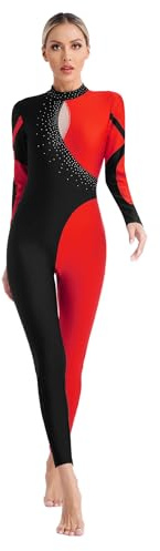FEESHOW Women's Contrast Color Gymnastics Unitard One Piece Dance Bodysuits Ballet Leotards Skating Jumpsuit Red Medium