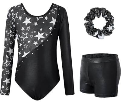 JiAmy Conjunto de Leotardo para Niñas, Traje de Gimnasia con Pantalones Cortos, Banda para el Cabello, 3-12 Años, Negro, Talla 8-9 Años, Bling Bling