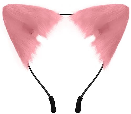 SycloPak Furry Animal Ears Headband - Adjustable Fox/Wolf/Cat Ears for Cosplay Costume, Valentine Halloween Party Accessories for Women & Men (Pink)