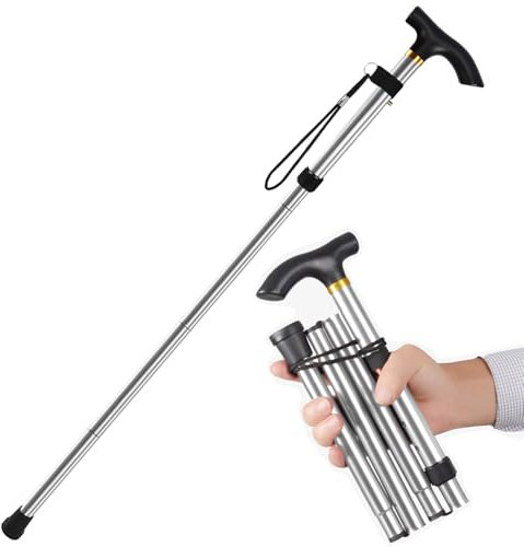 Favuit Bastone da passeggio pieghevole, regolabile in altezza, in alluminio, antiscivolo, portatile, con cinturino da polso e impugnatura a T, per anziani, uomini e donne (argento)