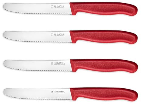 Tomato Knives,Targzier Small Serrated Knife,Set of 4 Utility Knife,Red,11cm | Robust Plastic Handle,Stainless Steel Fruit Knives,Serrated Kitchen Knife for Cutting Vegetables&Fruits,Sharp Dinner Knifes