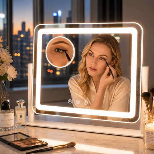 Sucedey Specchio cosmetico con luci, 46 x 36 cm specchiera da truccare illuminata, 3 modalità di colore e luminosità regolabile, controllo touch, specchietto ingranditore 10x staccabile (Bianco)