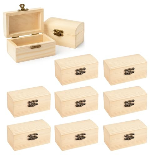 10Pcs Small Wooden Box for Craft: Treasure Chest Unfinished Wood Boxes with Lid and Metal Locking Clasp for DIY Projects Painting Arts and Crafts Home Decor (9×5.5×5cm)