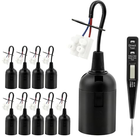 Sudnsadaks 10 Piezas Portalamparas, Casquillos E27 para Bombillas con Cable y Comprobador de Tensión, Adaptador Lámpara y Base con Terminal para Trabajos de Construcción, Cocina, Salón, Negro