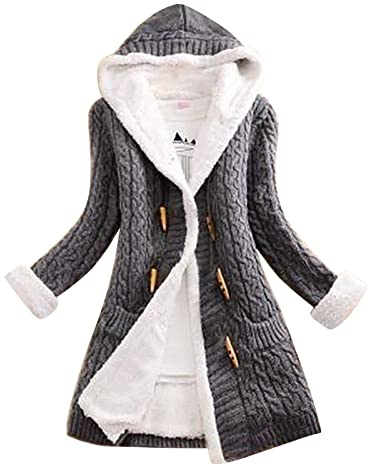 Cardigan da donna in maglia grossa lungo invernale, cappotto da transizione con cappuccio imbottito in pile, cappotto invernale in pelliccia di teddy, giacca in maglia antivento, morbida e accogliente