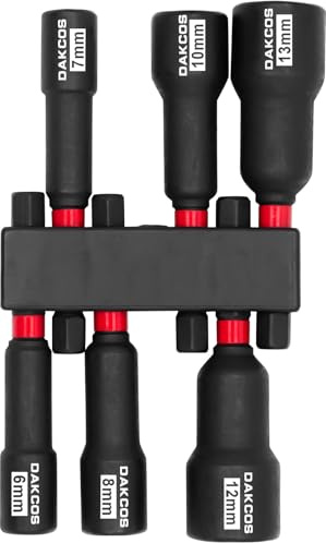 DAKCOS Juego de 6 llaves de vaso, 6-13 mm, juego de adaptadores de vaso hexagonal, apto para herramientas de mango de destornillador eléctrico, CR-V