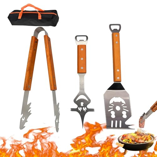 Juego de Utensilios para Barbacoa 3 Piezas – Herramientas BBQ de Acero Inoxidable con Mango de Madera y Bolsa, Pinza Espátula Tenedor, Regalo Barbacoa Hombre