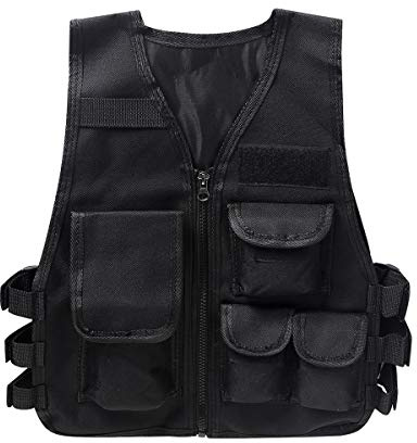 Alvivi Gilet Tattico da Pesca con Multitasche per Bambini Combat Vest Vestito Army Camouflage in Nylon per CS Costume di Halloween Carnevale Travestimento Nero 8-14 anni