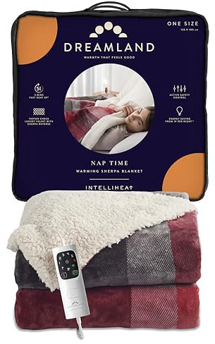 Dreamland Nap Time Heated Electric Blanket – Throw with 6 Heat Settings, Fast Heat Up, Auto Timer for Heat protection, Machine Washable - Velvet Sherpa Tartan Check - 180 x 135 cm