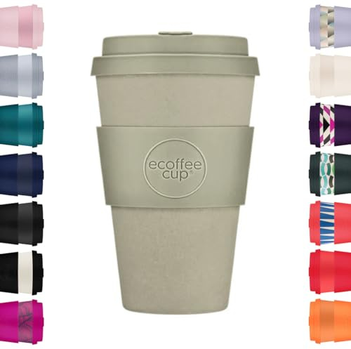 Ecoffee Cup 14oz 400ml Wiederverwendbare umweltfreundliche 100% pflanzliche Kaffeetasse mit Silikondeckel und Hülle - Melaminfreie und biologisch abbaubare Reisetasse, Molto Grigio