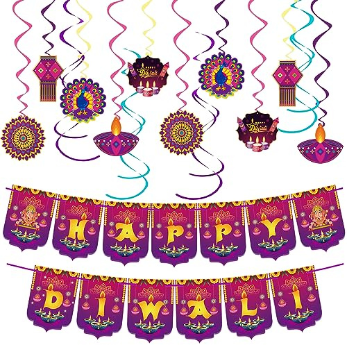 Diwali Decorations, Happy Diwali Banner Decorations for Home, Festival of Lights Party House Decor Items, Deepavali Hanging Swirls Garland Indian Pooja Puja Wedding Decorations