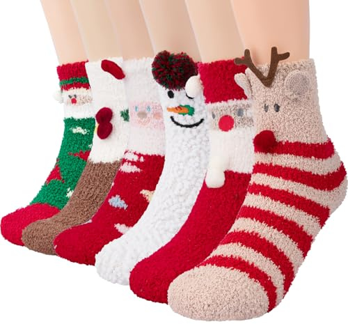 Yunkctuk 6 Paia di Calze Natalizie Comoda, Calzini Termiche Donna Velluto di Corallo per Autunno Inverno, Calze Morbide per Casa, Calzini Natale Invernali Pelosi, 35-40