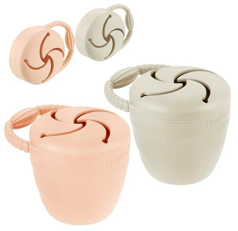 PandaEar Contenedores de Bocadillos de Silicona, Tazas Plegables a Prueba de Derrames con Recolector de Alimentos para Bebés y Niños Pequeños, Paquete de 2 (Rosa & Lino)