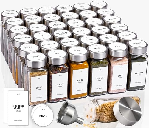 Deco Haus® Kryddburkar Fyrkantiga Lufttäta 36-set [inkl. Etiketter & Ströinsats] - Kryddkärl Set i Glas - Kryddbehållare Spice Jars - Kryddförvaring - Behållare för Kryddor - Kryddförvaring