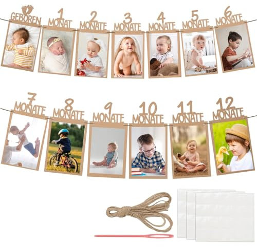 Sufune Foto Banner 1. Geburtstag (Khaki) für 1 bis 12 Monate Baby Geburtstagsdeko Hängende Wanddekoration für Mädchen Jungen Party Deko Feiern Deutsch Kraftpapier Girlande Erster Kommunion