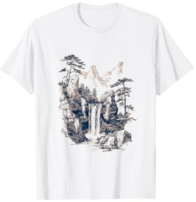 Serene Waterfall Landscape: Hand-Drawn Chinese ink T-Shirt