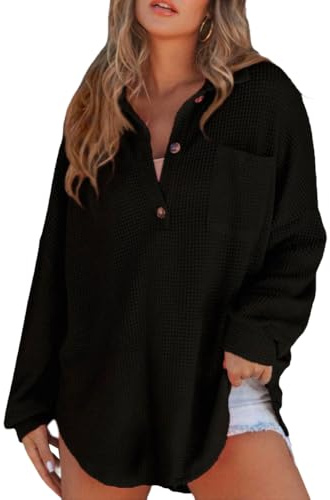 XIVISTO Jerséis Mujer Casual Sudaderas Cuello V con Vintage Talla Grande Pullover Jerseys Botones sin Capucha Manga Larga Tops