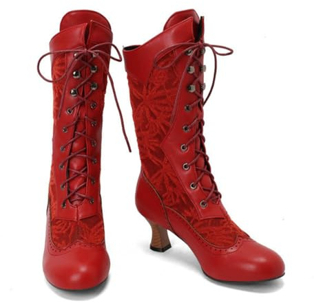 KUHAOFEU Stivaletti da Donna con Tacco a Spillo, Stivali Invernali Eleganti Stivali Corti Tacco Alto,Rosso,42 EU