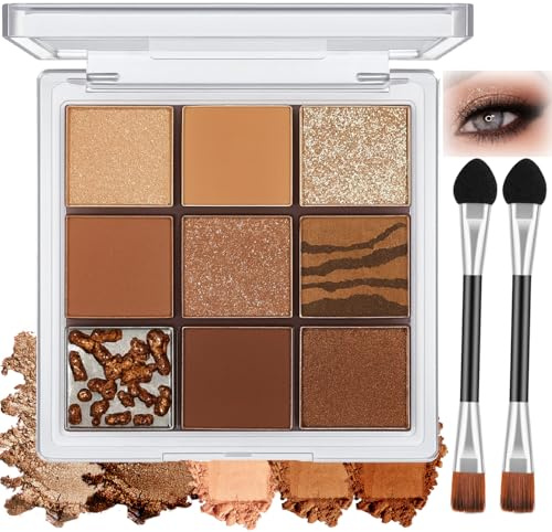 Nude Brown Eyeshadow Palette with Rice Gel Primer Base – Matte & Shimmer Soft Blendable Shades with Finger-Tap Glitter – Creamy No-Fallout Pigments, Long-Lasting Compact Travel with Brushes