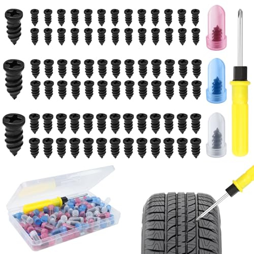 BATHRINS 100 PCS Clavo de Goma para Neumáticos, Kit Repara Pinchazos Moto con Destornillador, Repara Pinchazos, Kit de Reparación de Neumáticos para Moto, Coche, Camión, Bicicleta