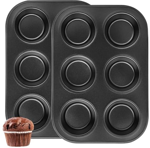 Techchii 2 bandejas de pudín Yorkshire, bandejas para magdalenas, 6 tazas, antiadherentes, moldes para cupcakes, acero al carbono duradero, utensilios para hornear para pasteles, magdalenas, pasteles
