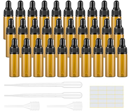 Pinkswan 30 stycken pipettflaskor 5 ml, mini droppflaska apoteksflaska brun glasflaska, tom påfyllningsbar liten flaska för eterisk olja, parfymoljor, aromaterapi, massage