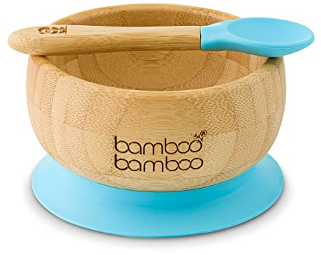Set de Bowl adherente y cuchara para bebé en combinación, Bowl que no se despega de la mesa al comer, Bambú natural (Azul)