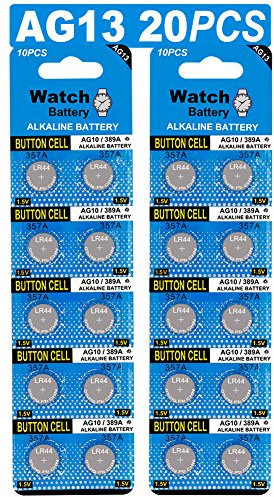 Pack of 20 AG13 LR44 1.5 V Alkaline Button Cell Batteries Without Mercury (357/357A/L1154/A76/GPA76)