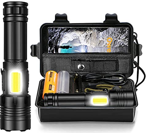 Owege Taschenlampe LED 20000 Lumen, USB-C Aufladbar Extrem Hell, mit COB Seitenlicht， XHP77.2 Zoomable，IPX67 Wasserdicht, 7 Lichtmodi, Wasserdicht Flashlight Torch für Outdoor Notfälle Camping