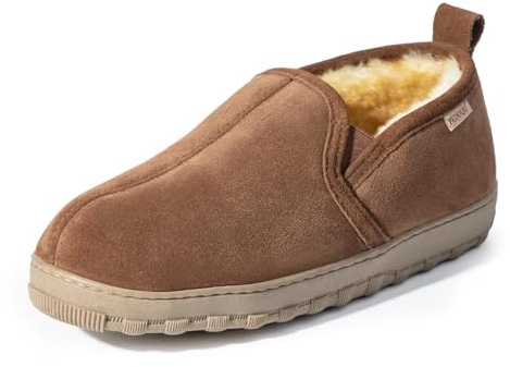 PEDOQU Men's slipper genuine leather upper shearling lined sheepskin Insole memory foam slip on warm house shoes rubber outsole Indoor & outdoor loafer slippers for men，D width