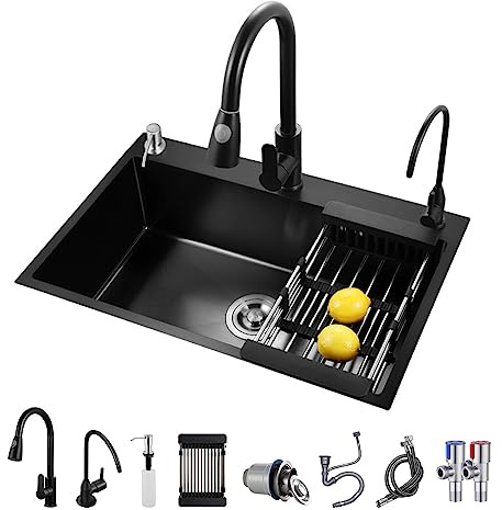 KELINGOUD Fregadero de cocina negro, de acero inoxidable, 1 cubeta, Drop-In/Topmount con accesorios deslizantes, fregadero de lugar de trabajo de granja con varios accesorios (55 x 45 cm)