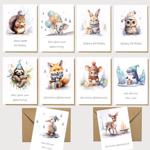 Geburtstagskarten 10er-Set - Waldtiere Glückwunschkarte mit Umschlag - Klappkarten zum Geburtstag - Grußkarten Geburtstag für Kind und Teenager