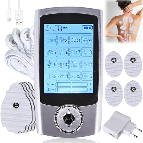 Appareil TENS - 16 modes - Électrodes de stimulation rechargeables contre la douleur - 16 programmes d'entraînement - 20 niveaux d'intensité - 2 canaux - Électrodes de qualité supérieure - Appareil
