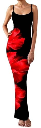 Sukiglam Robe Longue Femme Sexy sans Manches Imprimée Fleurs Robes Moulante Bretelles Spaghetti Col Carré Maxi Robe de Soiree d'Été Elégant Casual Bodycon Robes Dos Nu pour Cocktail Clubbing Fête