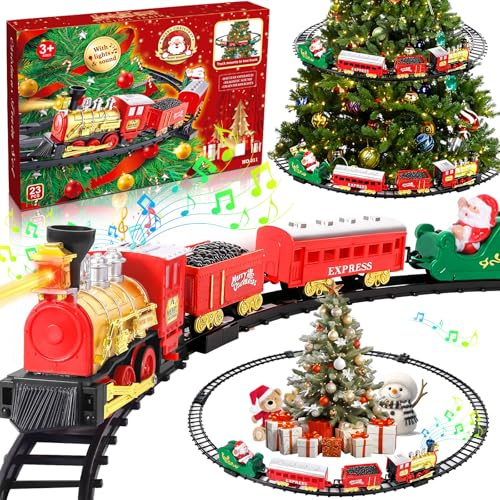 XUNIVERS Tren Juguete para Niños,Electrico Trenes de Navidad con Luces y Sonidos,Tren Arbol de Navidad Electrico con Control Remoto,Vagones de Carga y Carriles Mayores de 3 4 5 6 7 8 Años