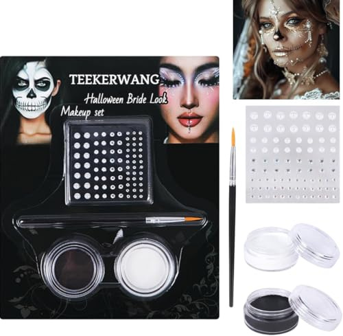 Tikerwang Halloween Makeup Kit - Black & White Face Paint Kit, Halloween Makeup Includes Paint, Brush, Costume Accessories Crystal Sheet for Skeleton SFX, Vampire, Skull Makeup (A)