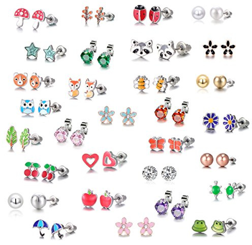 30 Pairs Stainless Steel Mixed Color Cute Animals Fox Heart Star Ladybug Bee Frog Mushroom Tree Daisy Umbrella Rose Gold White Pearl CZ Jewelry Stud Earrings Set (animal tree pearl)