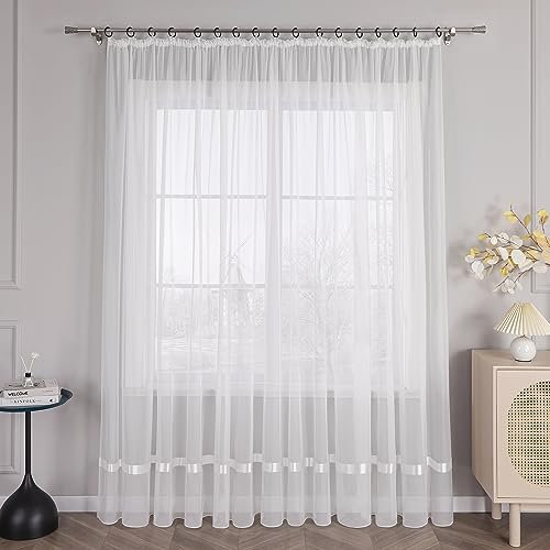 HongYa Stores Voile Gardine Schal Transparenter Vorhang mit Satinband Kräuselband H/B 225/300 cm Weiß