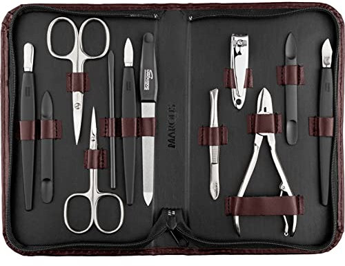 marQus Solingen Mega Maniküre Pediküre Set 12 Teile - Nageletui für Herren und Damen mit allem was man für die Nagelpflege braucht, in hochwertigem Echt-Leder Etui, Weinrot