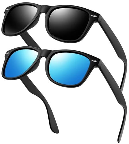 KANASTAL 2 Pares Gafas de Sol Hombre Polarizadas Mujer Azul Cuadradas Clásicas Retro Protección UV400 Conducir Vela Pesca - Negras Mate + Azul Espejo