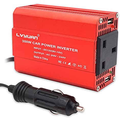 LVYUAN 300W Car Power Inverter DC 12V to 230V 240V AC Converter with Dual USB 2.4A Ports & UK Sockets Cigarette Adapter Converter, Red Aluminum Alloy Body