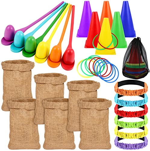Sumind 40 Pcs Carnival Outdoor Games, 6 Pack 25x40 Burlap Potato Sack Race Bags for Kids Adults, Egg Spoon 3 Legged Race Bands Ring Toss Cones for Field Day Family Reunion Lawn Easter Games