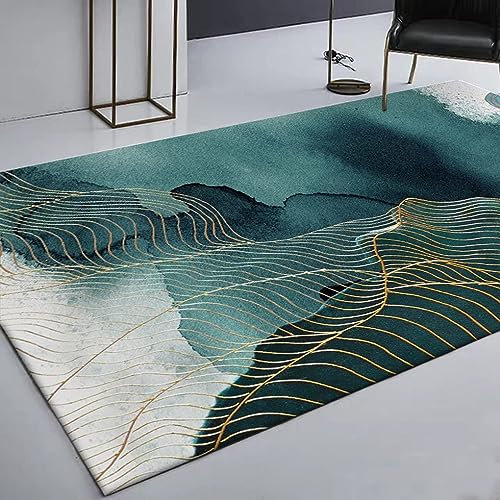 YEMYOR Boho Lake Blue Gold Line Moderner Teppich, Zeitgenössischer Kunststil, Rutschfester Teppich, Große Fläche, Weich, Geeignet Für Wohnzimmer, Esszimmer-180x270cm