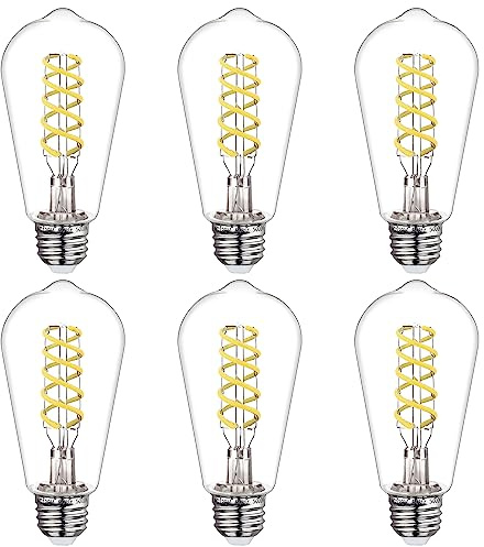 BORT Dimmable Edison Bulbs, 6W Equivalent to 60W Vintage Light Bulbs, E26 5000K ST58/ST19 LED Bulbs, Antique Flexible Spiral Filament Light Bulbs, Clear Plastic Screw Lamp - 6Pack
